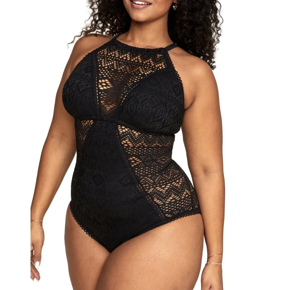 Adore Me Women's Margaret One-Piece Swimsuit in black crochet lace Size 4X